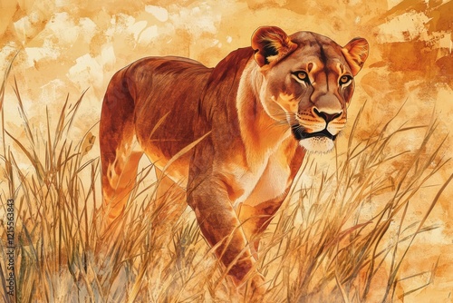 A majestic lioness strides through tall savanna grass under a warm, golden sky. photo