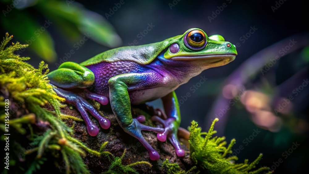Vibrant Purple & Green Tree Frog on Branch - Long Exposure Night Photography Vibrant Purple & Green Tree Frog on Branch - Long Exposure Night Photography