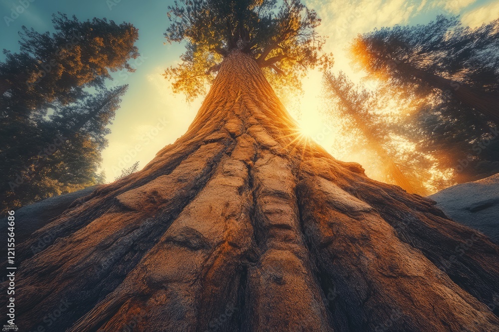 Fototapeta premium Majestic giant sequoia tree bathed in golden sunlight, viewed from below, showcasing its immense size and age.