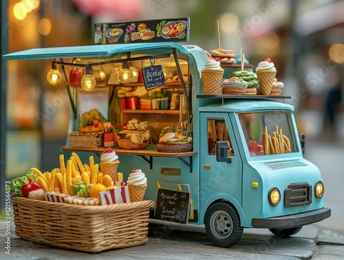 Food truck delight miniature culinary showcase urban street toy model bright environment eye-level view creative concept
