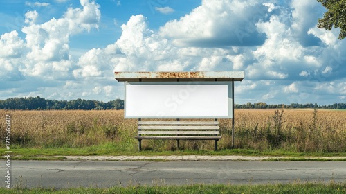 Abandoned bus stop surrounded by fields rural area photograph daytime wide angle isolation