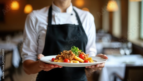 Wallpaper Mural Elegant hotel waitress serving delicious meal on plate. Food looks appetizing, well presented on white plate. Waitress wearing professional uniform in elegant restaurant. Woman with white shirt, Torontodigital.ca