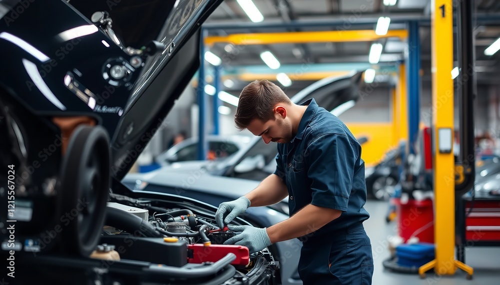 Professional Auto Mechanic Inspecting Car Engine Detailed View Repair Service Maintenance Automotive Technology Skilled Technician Working on Vehicle Professional Auto Mechanic Inspecting Car Engine Detailed View Repair Service Maintenance Automotive Technology Skilled Technician Working on Vehicle