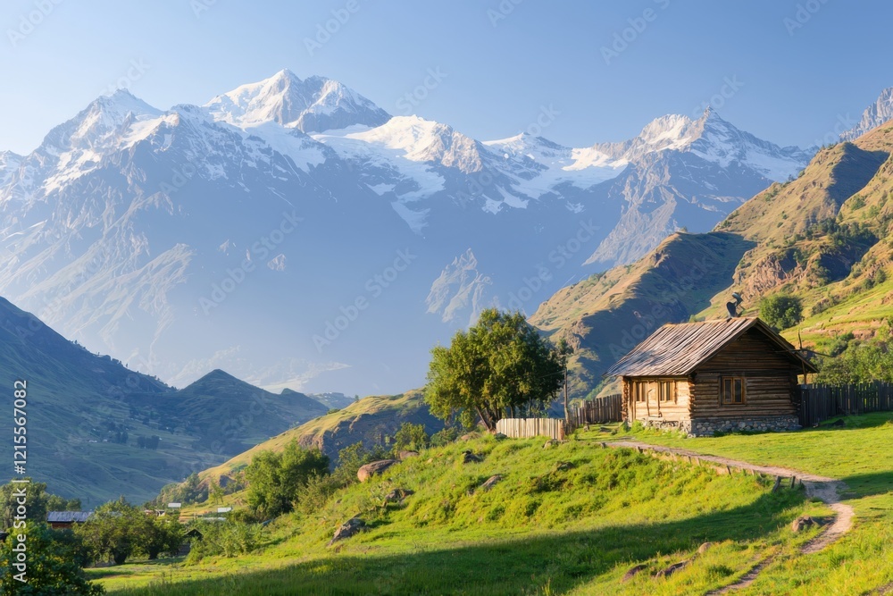 Obraz premium Evening light embraces remote village inhabitant outside wooden cabin mountainous landscape gigapixel photography eye-level view