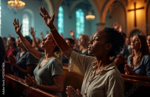 Diverse group of people in church worshiping. Many hands raised in prayer toward cross. Spiritual atmosphere in religious building. People focused on worship. Earnestly praying, expressing faith.