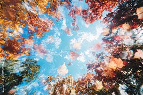 Whispering winds carrying colorful maple canopy explosion of warmth under soft focus from eye-level perspective in nature