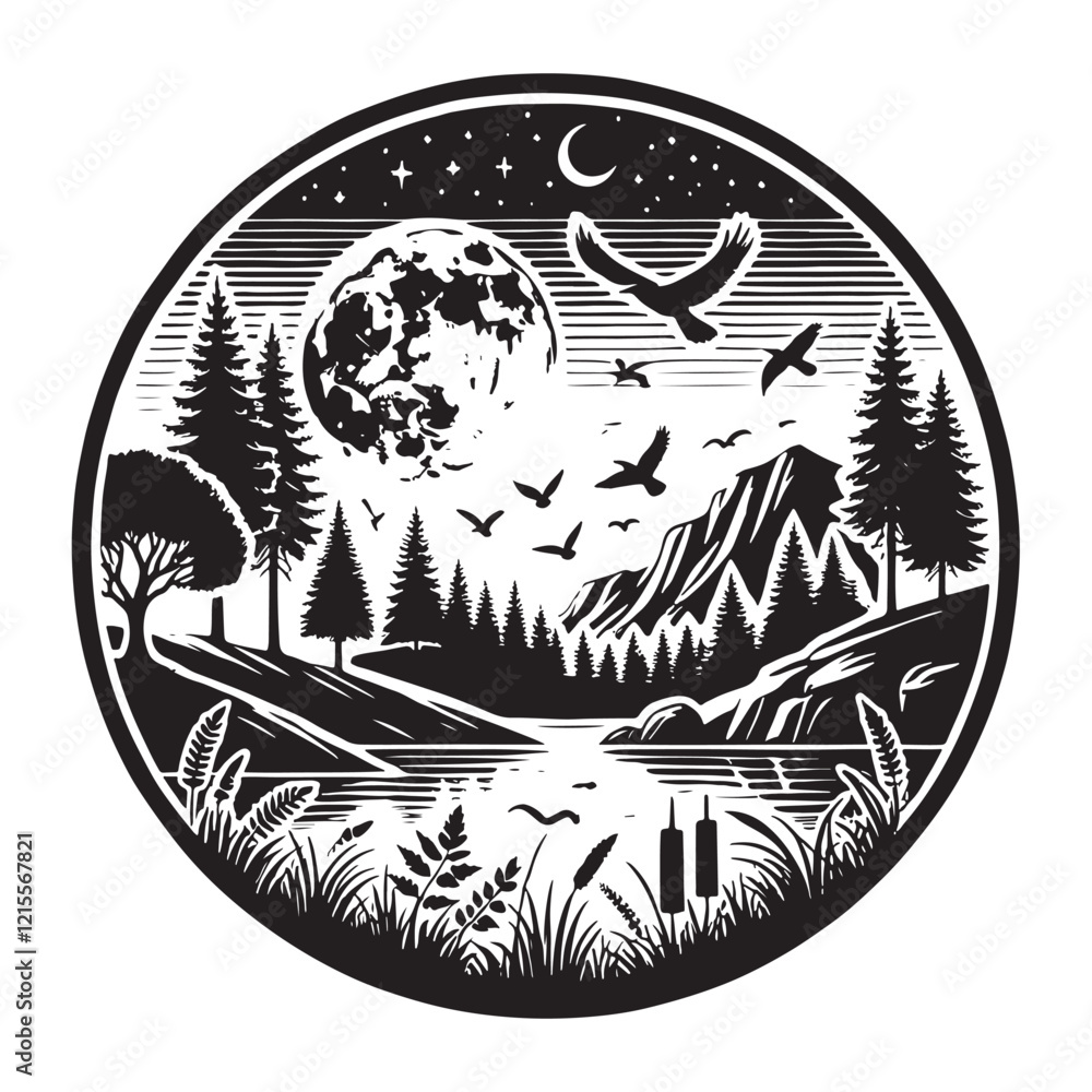 Scenic Nature Silhouette Circle Designs on a white background Scenic Nature Silhouette Circle Designs on a white background