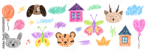 Set of abstract shapes, butterfly and house in childlike style drawing with crayon