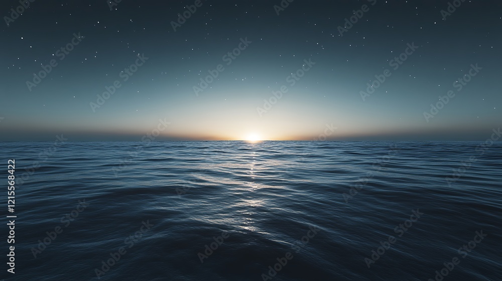 Obraz premium A peaceful seaside view at sunset, with stars beginning to shine in the sky as the last traces of daylight fade. The smooth water reflects the starry sky, creating a magical and serene atmosphere.