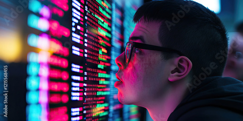 Young Man Observing Digital Data Stream on Screen photo