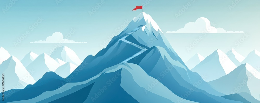 Fototapeta premium Red flag atop snowy mountain climb with endless staircase under blue sky