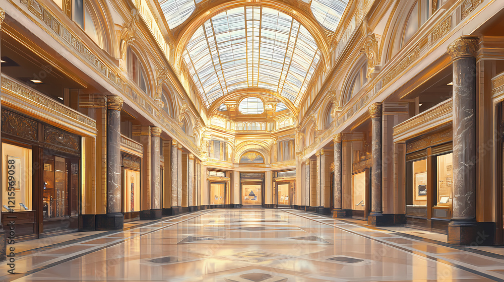 Ornate interior of a grand hall with glass ceiling, marble floors, and gilded detailing. Gilded Arch. Illustration Ornate interior of a grand hall with glass ceiling, marble floors, and gilded detailing. Gilded Arch. Illustration