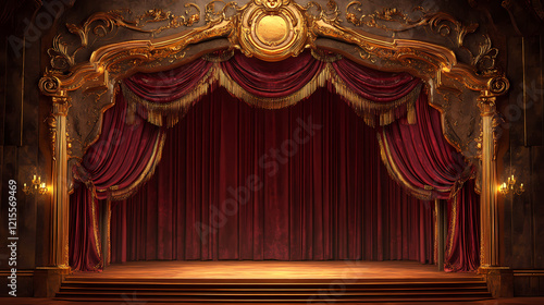 Ornate theater stage with luxurious crimson velvet curtains golden tassels and antique footlights casting a warm glow intricate baroque details adorn the proscenium arch. Gilded Arch. Illustration