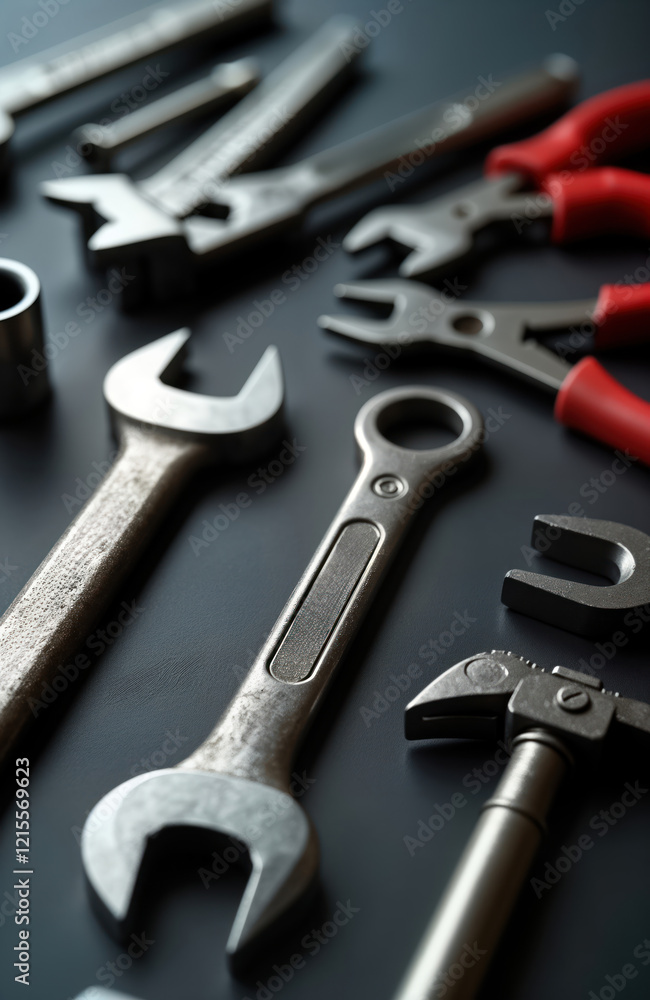 Fototapeta premium Metal tools arranged on dark surface. Various wrenches pliers, tools show tech tools variety. Equipment, tools arranged for construction maintenance. Image evokes DIY pro workshop setting. Tools