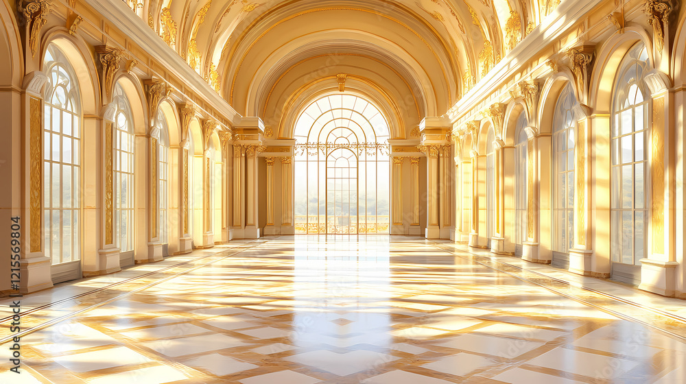 Sunlit grand hall, ornate details, marble floor, scenic view. Gilded Arch. Illustration Sunlit grand hall, ornate details, marble floor, scenic view. Gilded Arch. Illustration