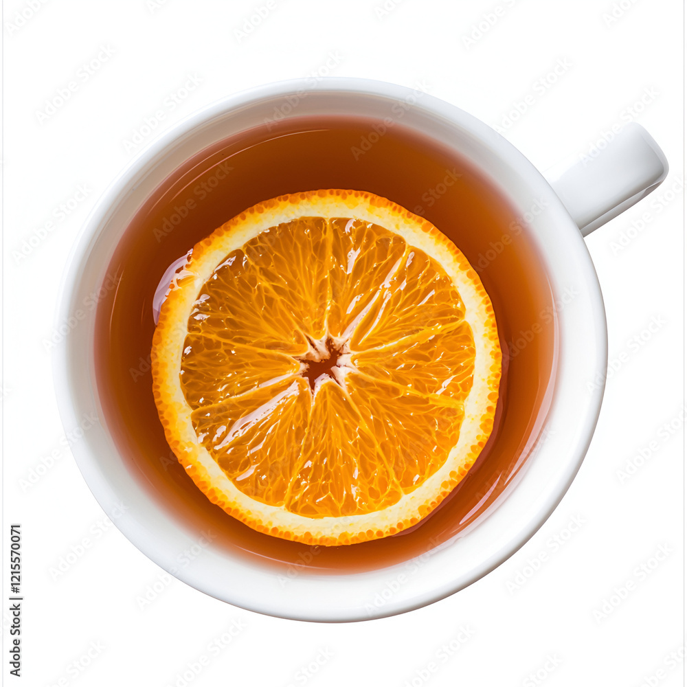Overhead view of a cup of tea with an orange slice.