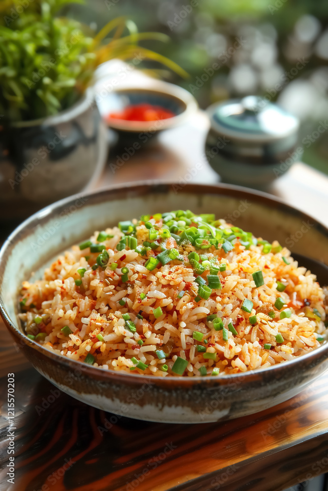 flavorful sour and spicy rice dish topped with green onions, served in bowl flavorful sour and spicy rice dish topped with green onions, served in bowl
