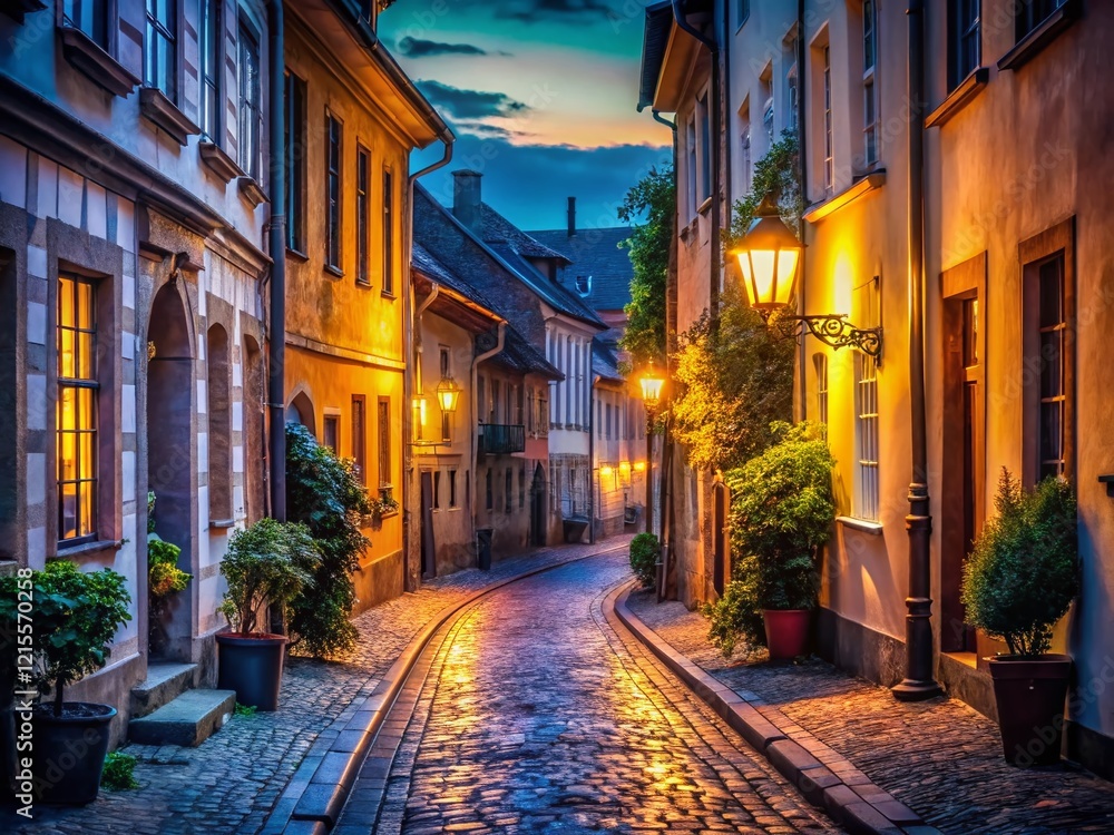 Fototapeta premium Tranquil Night Street Scene: Peaceful Town at Dusk, Serene Evening Ambiance