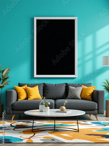 Turquoise Wall with Black-Bordered White Frame A vibrant and modern living room with a turquoise accent wall. A poster mockup in a pure white frame with a black border is placed above a charcoal gray.