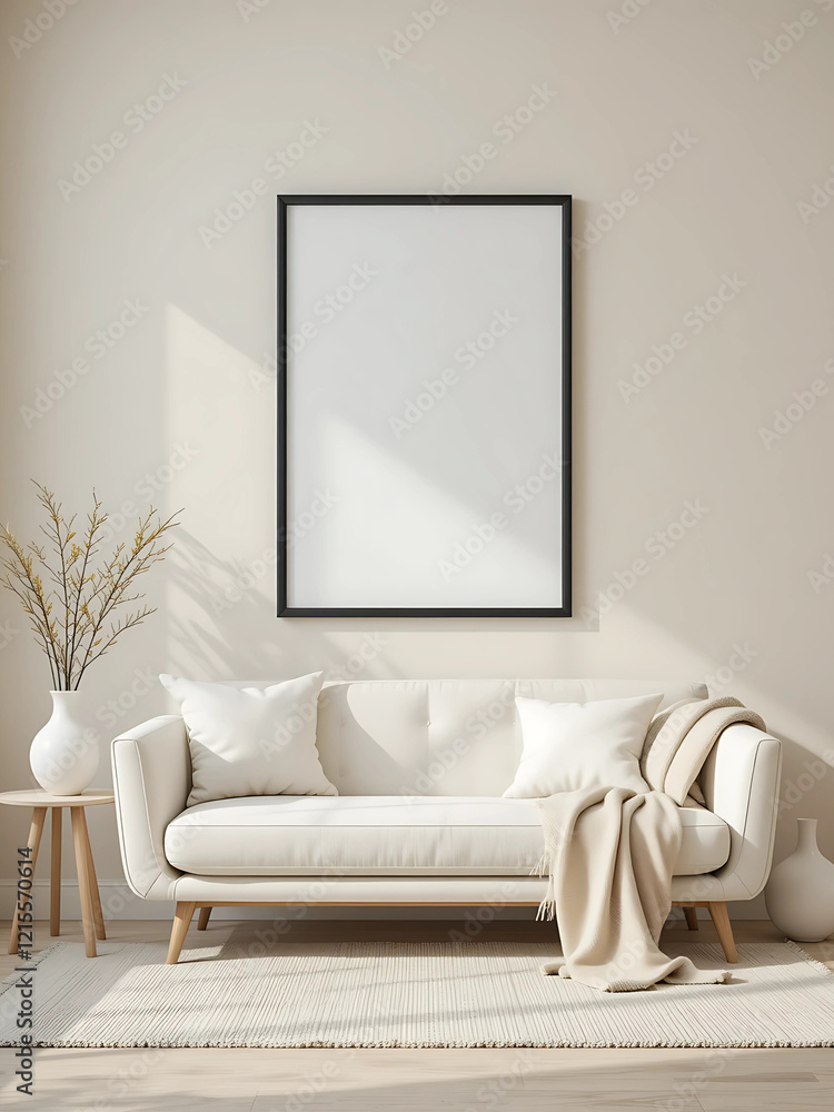 Fototapeta premium Light Beige Wall with Black-Bordered White Frame A minimalist living room with a light beige wall. A poster mockup in ISO A paper size.