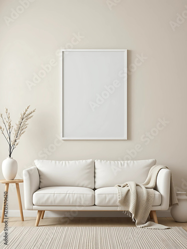 Light Beige Wall with Black-Bordered White Frame A minimalist living room with a light beige wall. A poster mockup in ISO A paper size.
