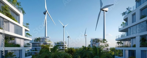 An urban complex with communal wind turbines powering shared utilities photo