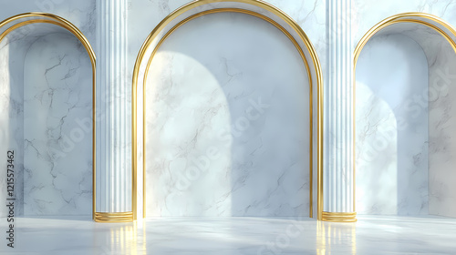 Elegant marble arched alcove with golden frames, background for product display or interior design. Gilded Arch. Illustration photo