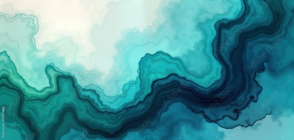 Fototapeta premium Abstract teal, blue watercolor background with fluid liquid texture. Dynamic color mix creates flowing patterns. Perfect for design projects needing vibrant, trendy colors. Designers, artists find