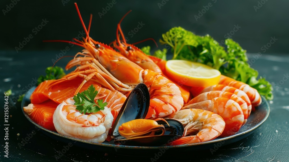 Indulge in a seafood feast with fresh lobster, crab, mussels, prawns, and succulent salmon, all beautifully plated. Indulge in a seafood feast with fresh lobster, crab, mussels, prawns, and succulent salmon, all beautifully plated.