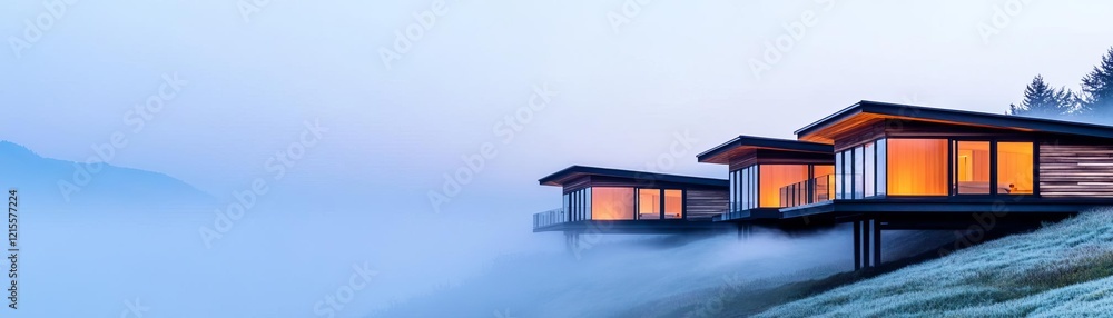 Fototapeta premium Sustainable cabins on a misty hillside, blending into the natural scenery