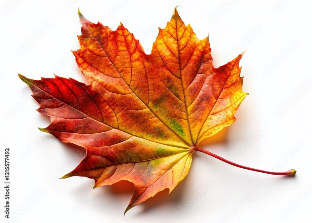 Fototapeta premium Vibrant Autumn Maple Leaf on White Background - Isolated Fall Foliage Stock Photo