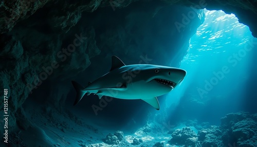 Wallpaper Mural Majestic Great White Shark Underwater Cave Scene Dramatic Ocean Wildlife Photography Powerful Predator Marine Animal Deep Sea Habitat Breathtaking     Torontodigital.ca