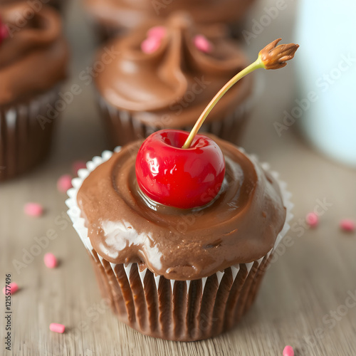 Un rico panqué de chocolate con una enorme cereza roja photo