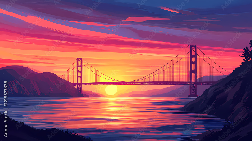 Golden gate bridge at sunset with coastal view. Golden Horizon. Illustration
