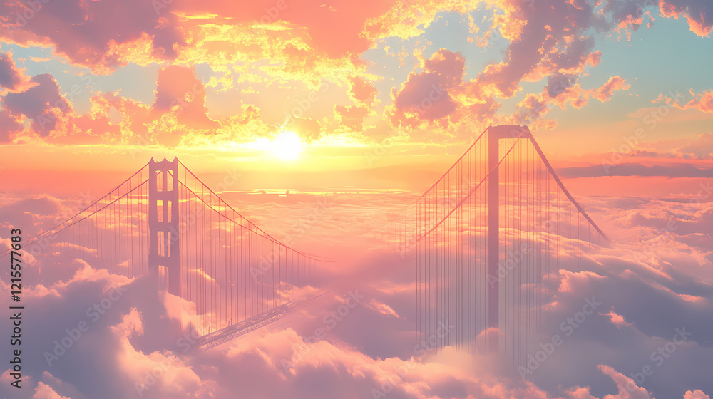 Obraz premium Golden gate bridge above the clouds at sunrise. Golden Horizon. Illustration