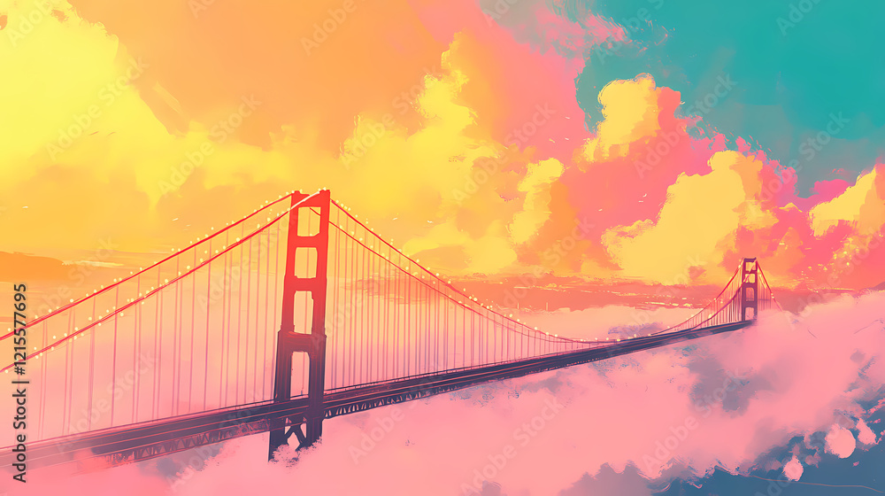 Obraz premium Golden gate bridge in san francisco, california, with fog and a colorful sky. Golden Horizon. Illustration