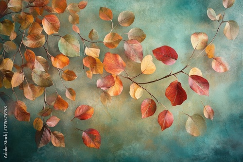 Autumn leaves in various shades of red, orange, and brown arranged on a teal background.