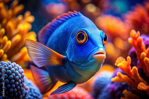 Vibrant Coral Reef: Blue Fish with Striking Orange Eyes photo