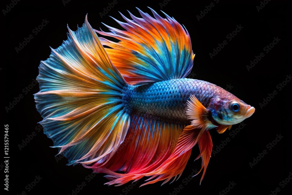 Vibrant Crown Tail Siamese Fighting Fish, Multicolored Betta, Long Exposure, Black Background Vibrant Crown Tail Siamese Fighting Fish, Multicolored Betta, Long Exposure, Black Background