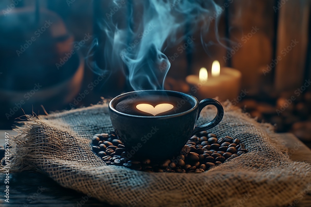 A romantic scene featuring a steaming cup of coffee with heart-shaped smoke, surrounded by coffee beans on a burlap sack, set against an old wooden backdrop to enhance the warmth. A romantic scene featuring a steaming cup of coffee with heart-shaped smoke, surrounded by coffee beans on a burlap sack, set against an old wooden backdrop to enhance the warmth.