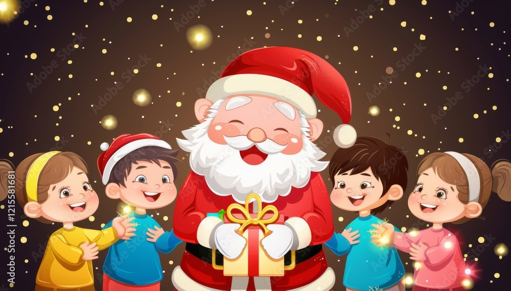 Santa Claus holding a gift with four happy children standing around him on a snowy background. Santa Claus holding a gift with four happy children standing around him on a snowy background.