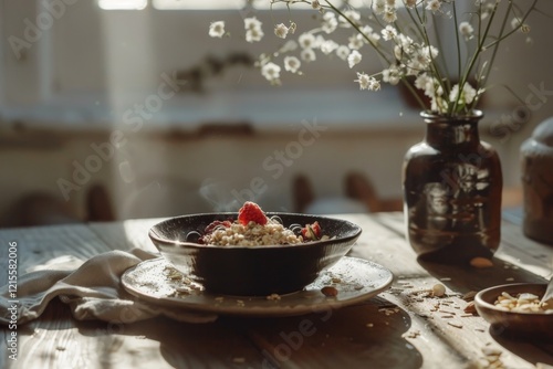 Minimalist breakfast setup with unsweetened oatmeal and fresh berries in natural light photo