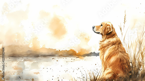 A serene watercolor sketch of a golden retriever gazing thoughtfully towards the horizon on a calm afternoon, capturing the gentle grace and warmth of this beloved breed. Golden Horizon. Illustration