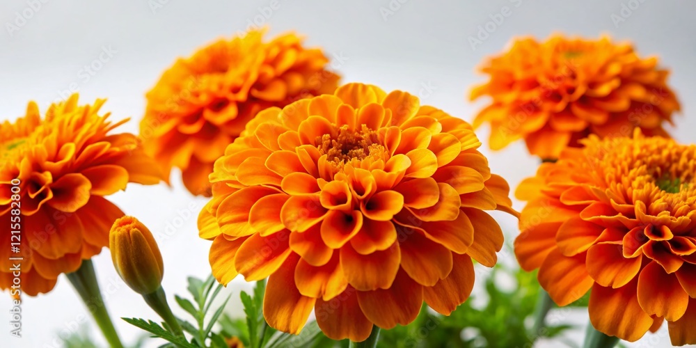 Vibrant Orange Marigold Flowers Macro Top View White Background Vibrant Orange Marigold Flowers Macro Top View White Background
