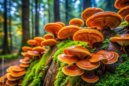 Vibrant Orange Reishi Mushrooms on Mossy Log in Forest - Close Up photo