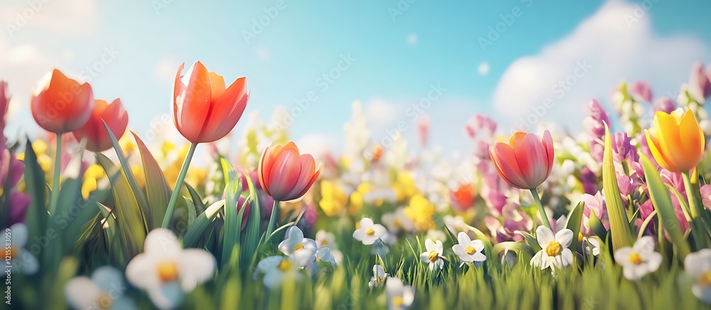A serene springtime landscape featuring vibrant flowers, such as tulips and daffodils, blooming against the backdrop of a soft blue sky and fresh green grass. A serene springtime landscape featuring vibrant flowers, such as tulips and daffodils, blooming against the backdrop of a soft blue sky and fresh green grass.