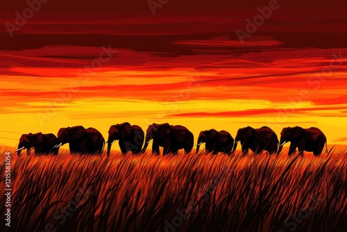 A herd of elephants silhouetted against a vibrant African sunset, traversing tall grass.
