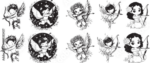 monochrome cupid with arrow bow, cute vector angel. halftone valentine's decoration collection