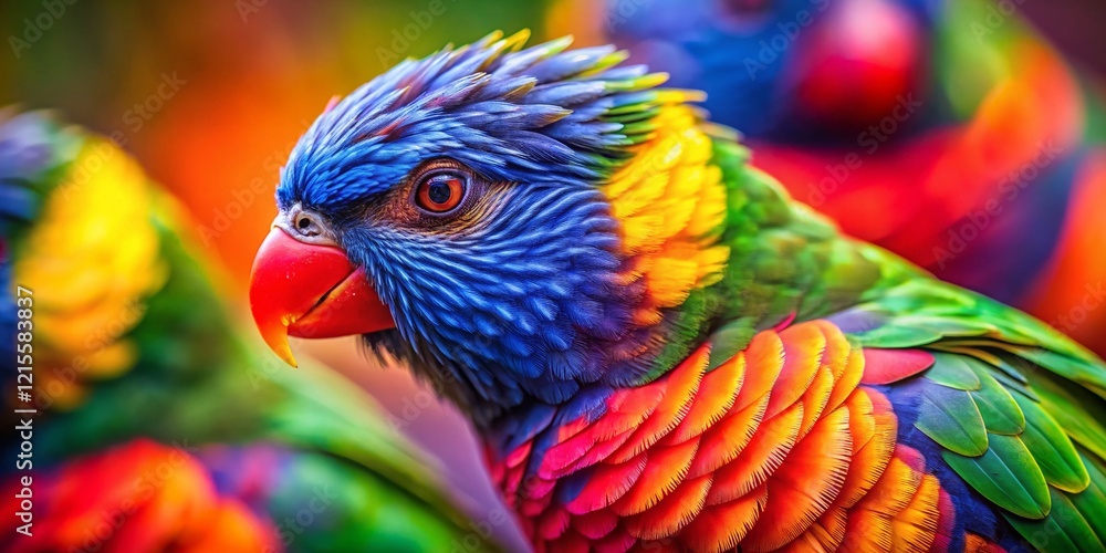Obraz premium Vibrant Rainbow Lorikeet Feather Double Exposure Close-up Stock Photo