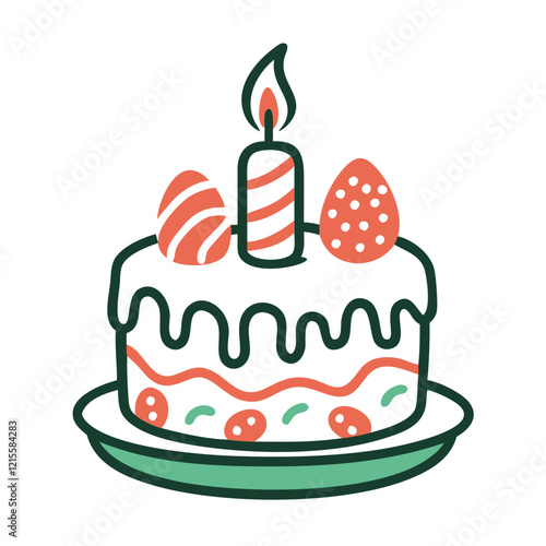 Easter cake with decorated eggs and candle icon